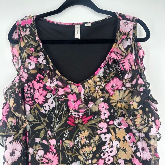 Tacera XL Black Pink Floral Ruffle Shift Dress Sleeveless Wedding Guest Feminine - Picture 2 of 12